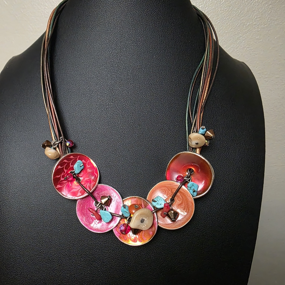 Festival Necklace. Multi Colds With Stunning Red, Orange, Pink Discs And Stones.